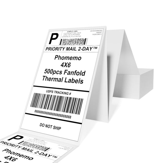 Phomemo 4''x6'' Direct Thermal Shipping Label, Pack of 500 4x6 Thermal Labels Fanfold - for Shipping Labels,Mailing,Address, Product Logo, Barcode Labels,Strong Adhesive (White)