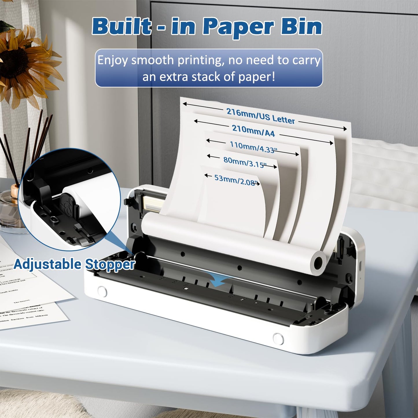 Phomemo Portable Printers Wireless for Travel, Inkless Printer Thermal M835, Mobile Printer Bluetooth Support 8.5''/A4/4.33''/3.15''/2.08'' Thermal Paper Roll, Compact Printer Compatible with iOS&Android