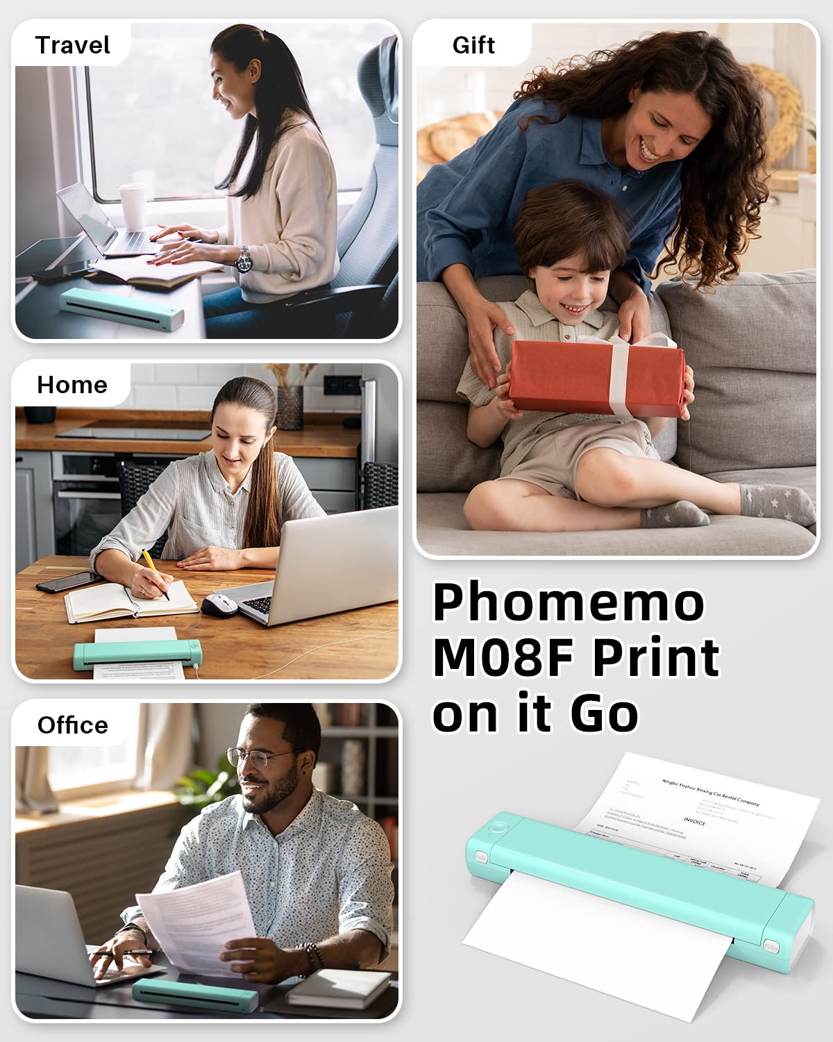 Phomemo Portable Printer Wireless for Travel, M08F Wireless Thermal Printer, Bluetooth Inkless Printer Support 8.5'' x 11'' US Letter, Mobile Printer Compatible with Android/iOS Phone & Laptop