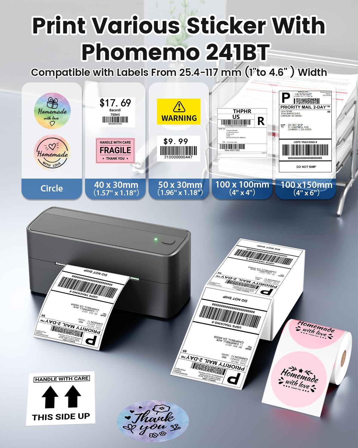 Phomemo 241BT DHL Etikettendrucker 4x6, Bluetooth Thermo Ettikettendruc?er, Labeldrucker f¨¹r Barcode Versandetiketten Kompatibel mit Ebay, Amazon, Etsy, Shopify, UPS, Gray
