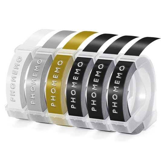 Phomemo Cinta de Etiquetas 3D Auto-Adhesive Compatible con Dymo Label Tape 9mm para Dymo Omega Junior Motex Embossing Label Impresora(Blanco sobre Negro,Dorado,Claro,Plata,6 Paquete)