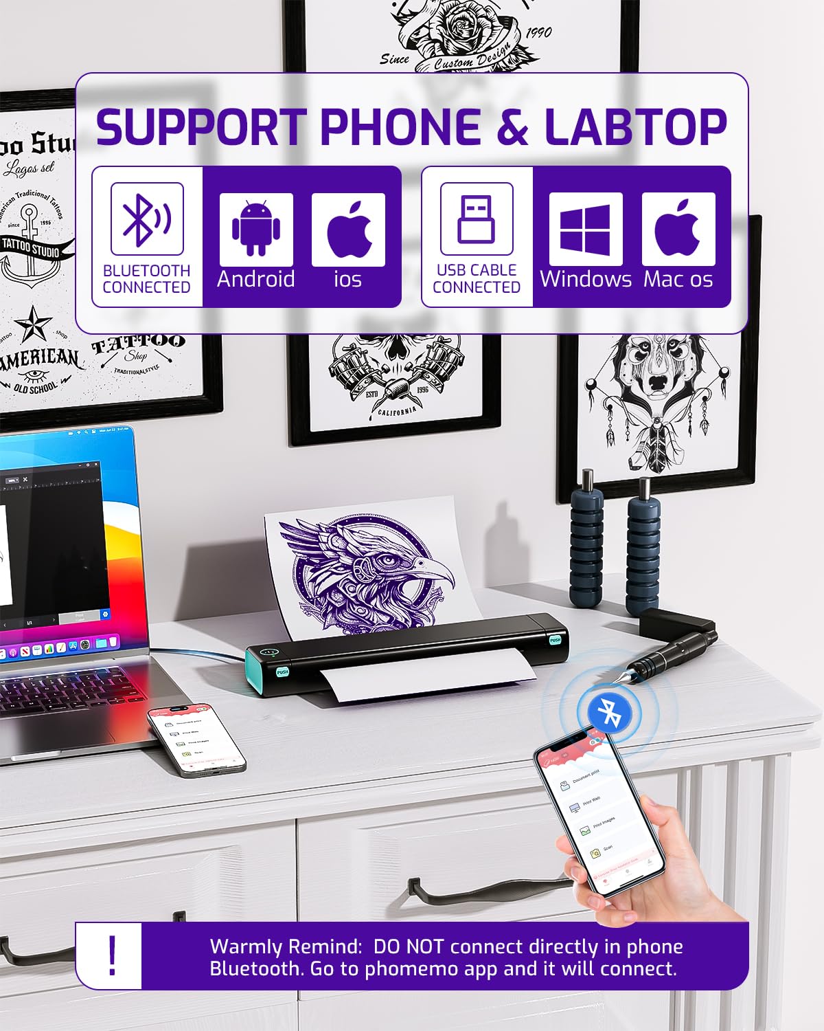 Phomemmo Wireless Tattoo Stenicl Printer(Black), Stencil Printer for Tattooing,Bluetooth Tattoo Printer for Tattoo Artists & Beginners with 1 Carry Case