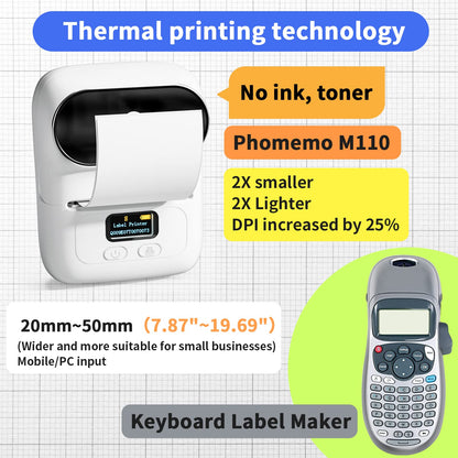 Phomemo -M110 Label Printer Portable Mini Bluetooth Thermal Label Manufacturer for Labelling, Office, Cable, Retail, Barcode and More, Compatible with Android and iOS Systems - White