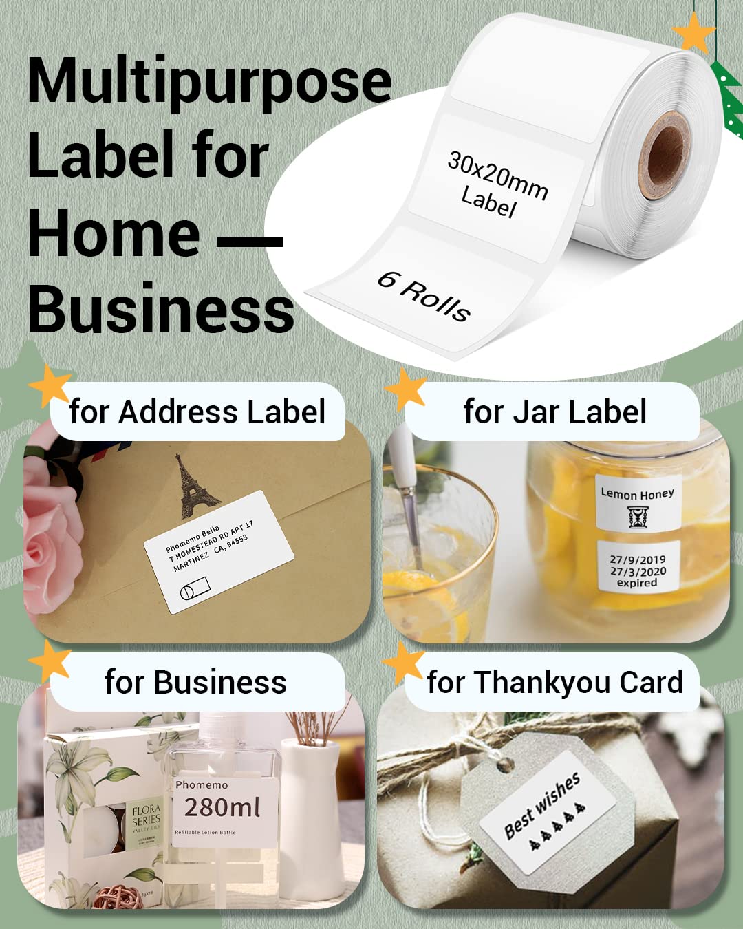 Phomemo 3 Rolls M200 label-Phomemo Multifunction label, self-adhesive label, 30mm x 20mm, compatible with Phommeo M200 / M110 label printer, suitable for office, home, school, 320 labels/roll,3 Rolls
