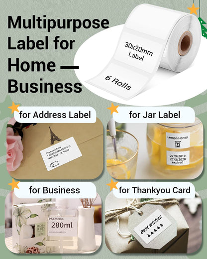 Phomemo 3 Rolls M200 label-Phomemo Multifunction label, self-adhesive label, 30mm x 20mm, compatible with Phommeo M200 / M110 label printer, suitable for office, home, school, 320 labels/roll,3 Rolls