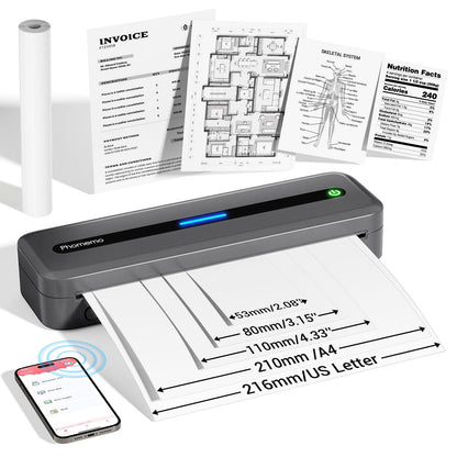 Phomemo Portable Printers Wireless for Travel, Inkless Thermal Printer, M832 Bluetooth Compact Printer for Phone Laptop, Support 8.5'' x 11'' & A4 Thermal Paper, Mobile Printers for Vehicles Home Use