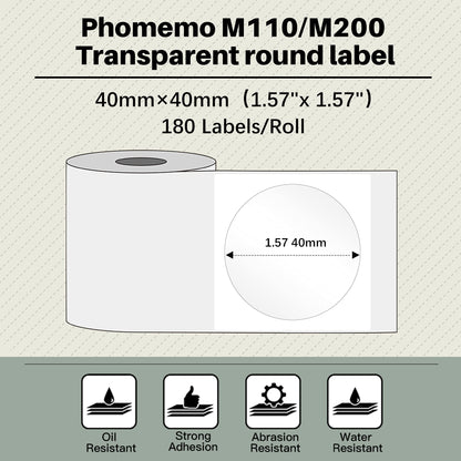 Phomemo Trasparente Rotonda Etichetta,M110 Etichetta rotonda 1.57''x1.57''(40x40mm), etichetta rotonda autoadesiva per stampante di etichette Phomemo M110 M120 M200 M221 M220,180 etichette/rotoli