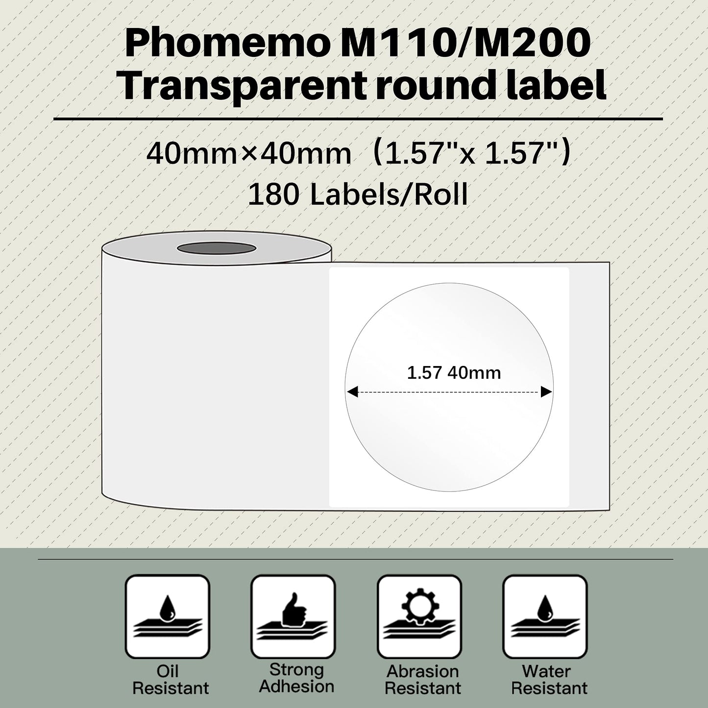 Phomemo Transparent Round Etikett, selbstklebendes rundes Etikett für Phomemo M110 M200 M120 M220 M221 Etikettdrucker, 40 x 40 mm (1,57 '' x 1,57 '') rundes Etikett,200 Etiketten/Rollen