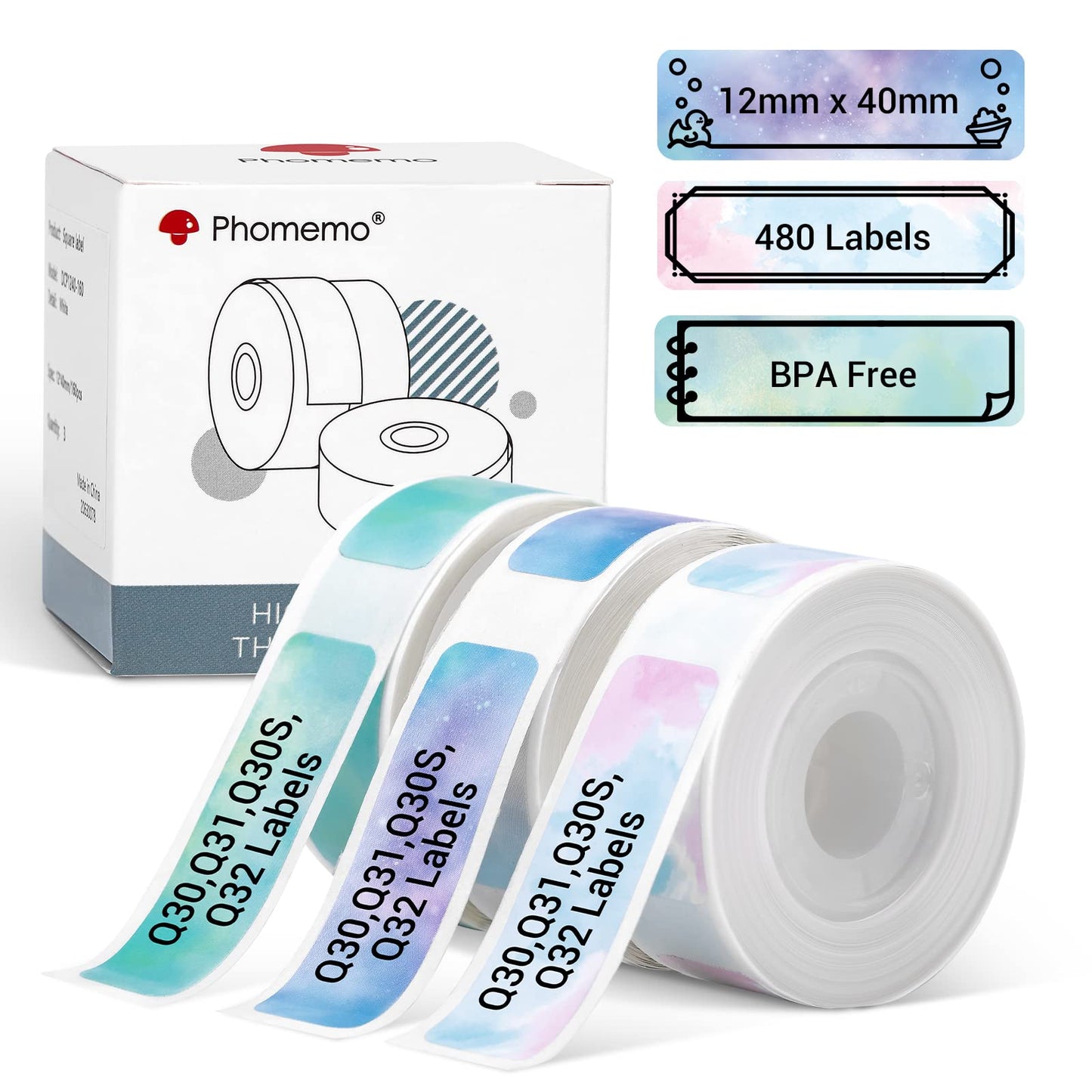 Phomemo D30 Etiketten, Sternenhimmel Etiketten Kompatibel mit Colorwing Q30 Etikettiergerät, Phomemo Etikettendrucker D30 Q31 Q30S, 12mm x 40mm, 160 Etiketten/pro Rolle, 3 Rollen