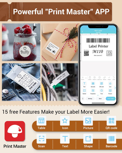 Phomemo Barcode Label Printer- M110 Label Maker Portable Bluetooth Label Maker Machine for Small Business, Barcode, Address, Logo, Clothing, Jerwery, support Arabic and English,For iOS & Android