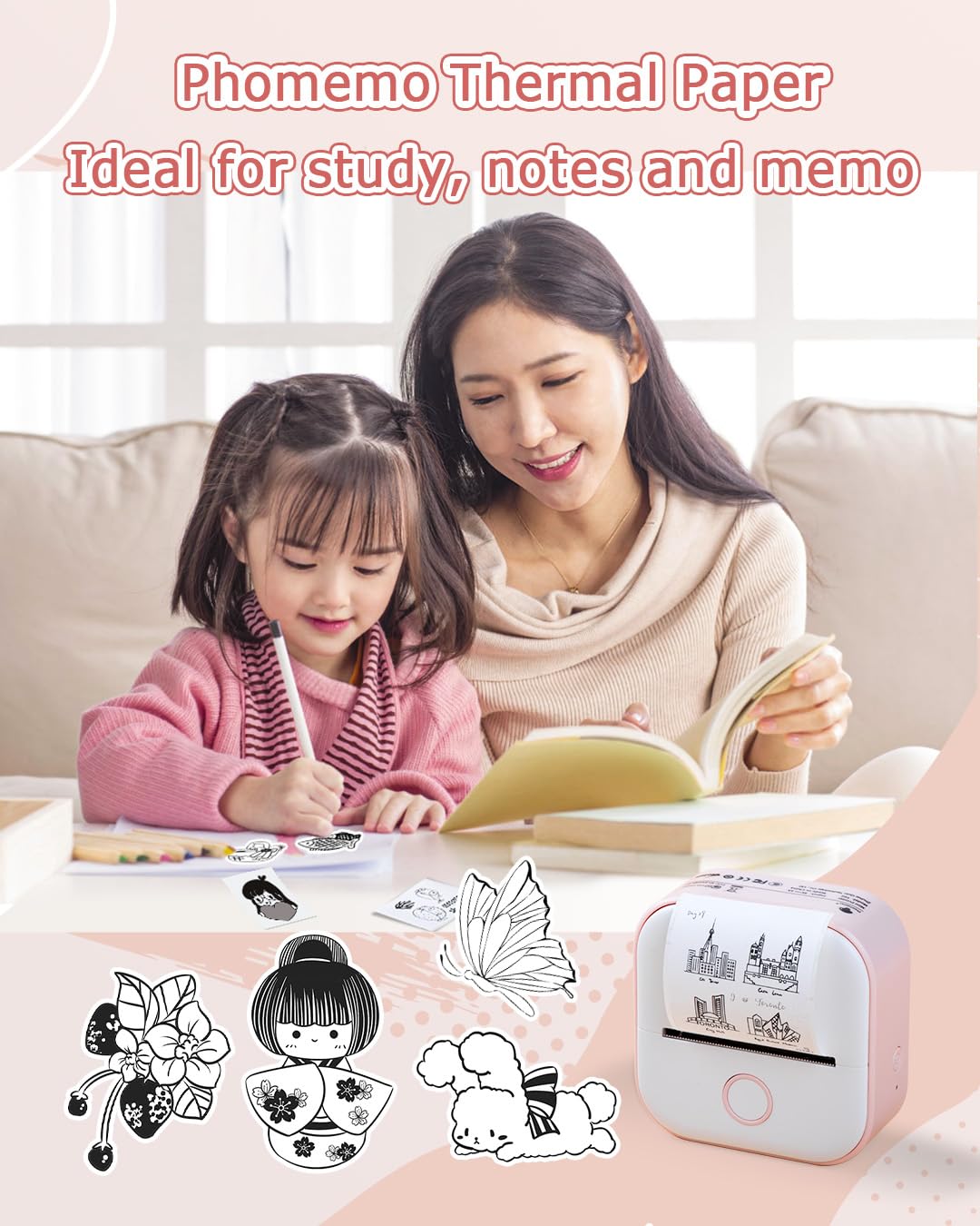 Phomemo T02/M02X/M02L Thermal Sticker Paper- Thermal Paper for Study Notes, Photo, DIY, Stickers, 2 Years Black on White Sticky Paper 50mm x3.5m, 3 Rolls
