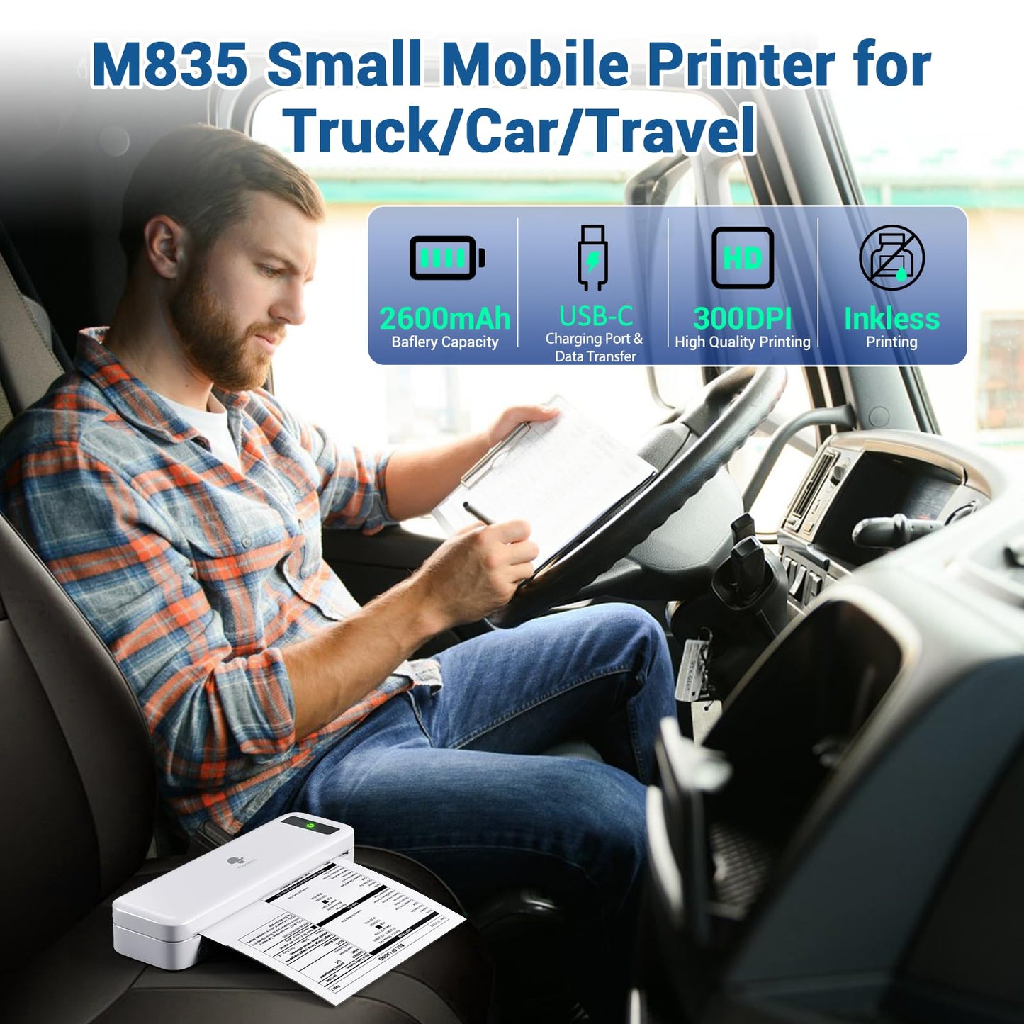 Phomemo Portable Printers Wireless for Travel, Inkless Printer Thermal M835, Mobile Printer Bluetooth Support 8.5''/A4/4.33''/3.15''/2.08'' Thermal Paper Roll, Compact Printer Compatible with iOS&Android