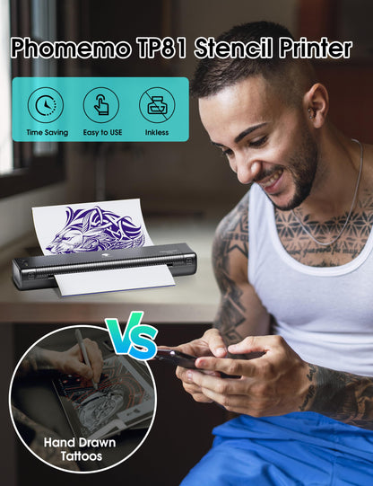 Phomemo Upgraded Tattoo Stencil Printer, TP81 Wireless Tattoo Machine with 10pcs Tattoo Transfer Paper, Bluetooth Tattoo Printer for Tattoo Artist, Temporary Tattoo, Compatible with Phone, Tablet & PC