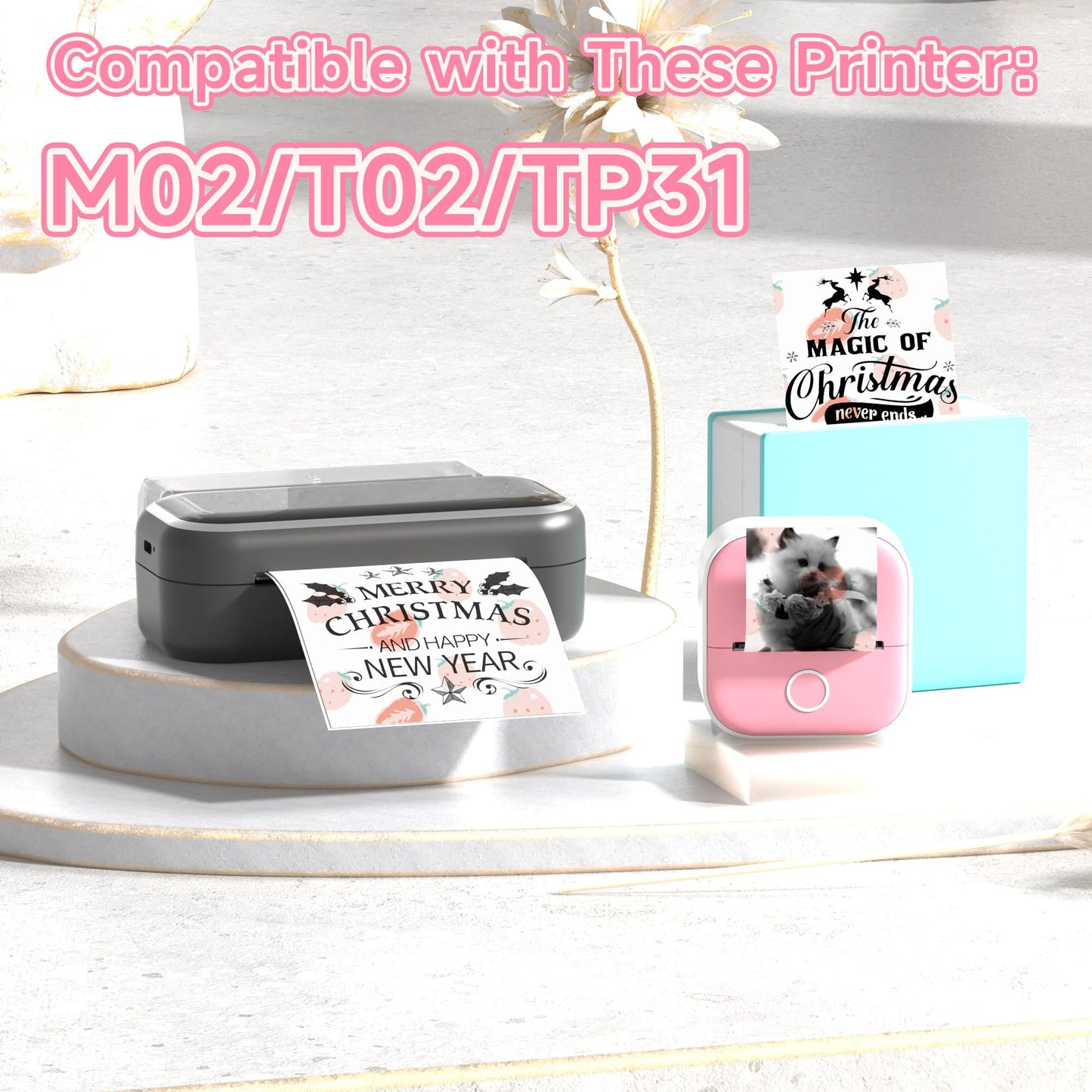 Phomemo Self-Adhesive Thermal Sticker Paper, Color Printer Paper Compatible With Phomemo Q02/T02/M832/M02/M02S/M04S Thermal Printer, Black on Milk Strawberry, 50mm x 3.5m, Keep for 20 Years, 3 Rolls