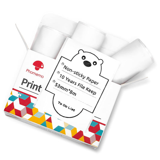 Phomemo T02/M02X/M02L Printer Paper - 3 Rolls of Non-Sticky Thermal Printer Paper, 53mm x 6.5m, 10 Years Preservation, Black on White for Phomemo T02/M02X/M02L Pocket Printer
