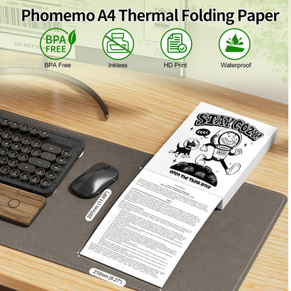 Phomemo Papel t¨¦rmico plegable sin fin A4, 210 mm x 297 mm, compatible con Phomemo M08/M831/M832/M833/M833/M834, impresora port¨¢til A4, para negocios, hogar, foto, factura, contrato, 100 hojas