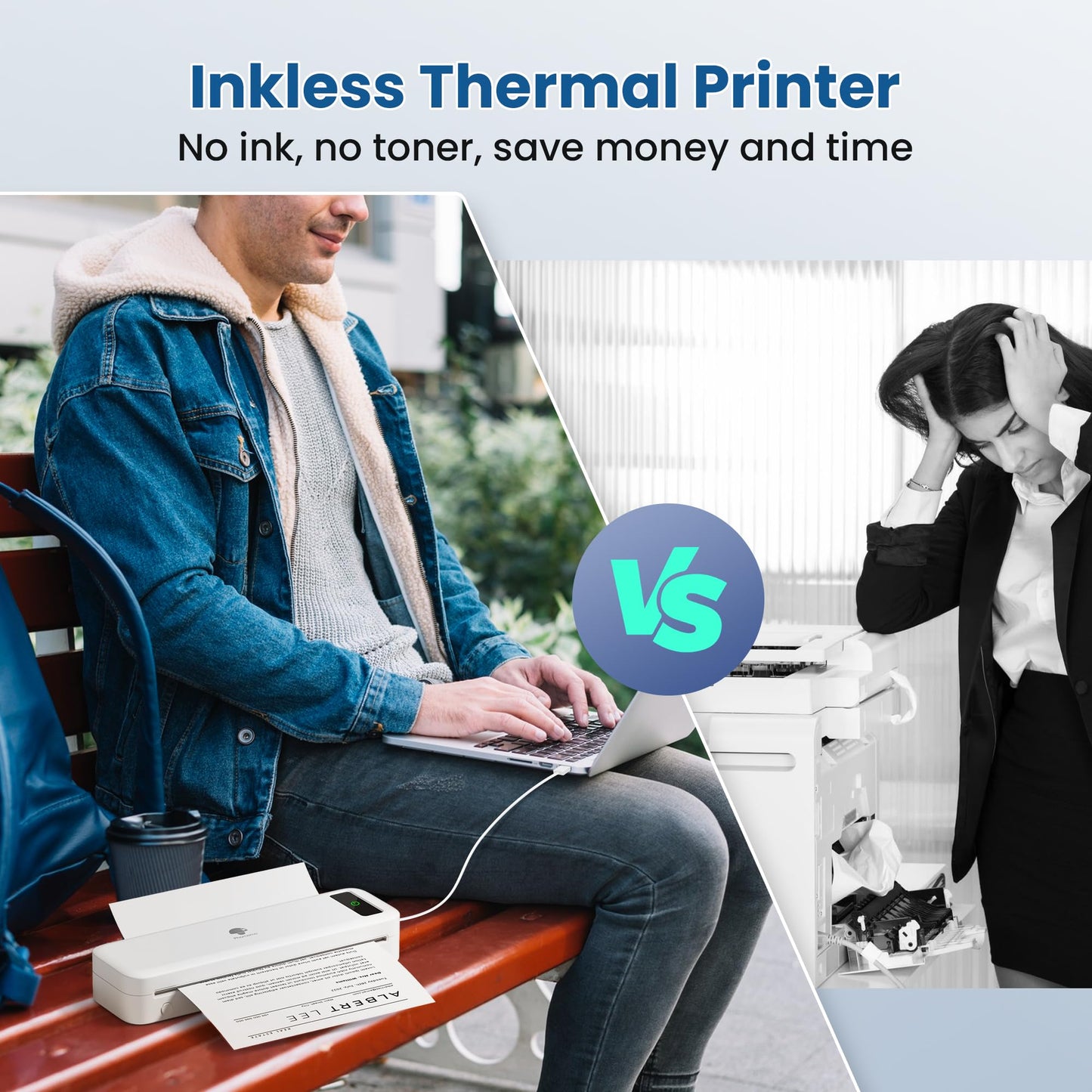 Phomemo Portable Printers Wireless for Travel, Inkless Printer Thermal M835, Mobile Printer Bluetooth Support 8.5''/A4/4.33''/3.15''/2.08'' Thermal Paper Roll, Compact Printer Compatible with iOS&Android