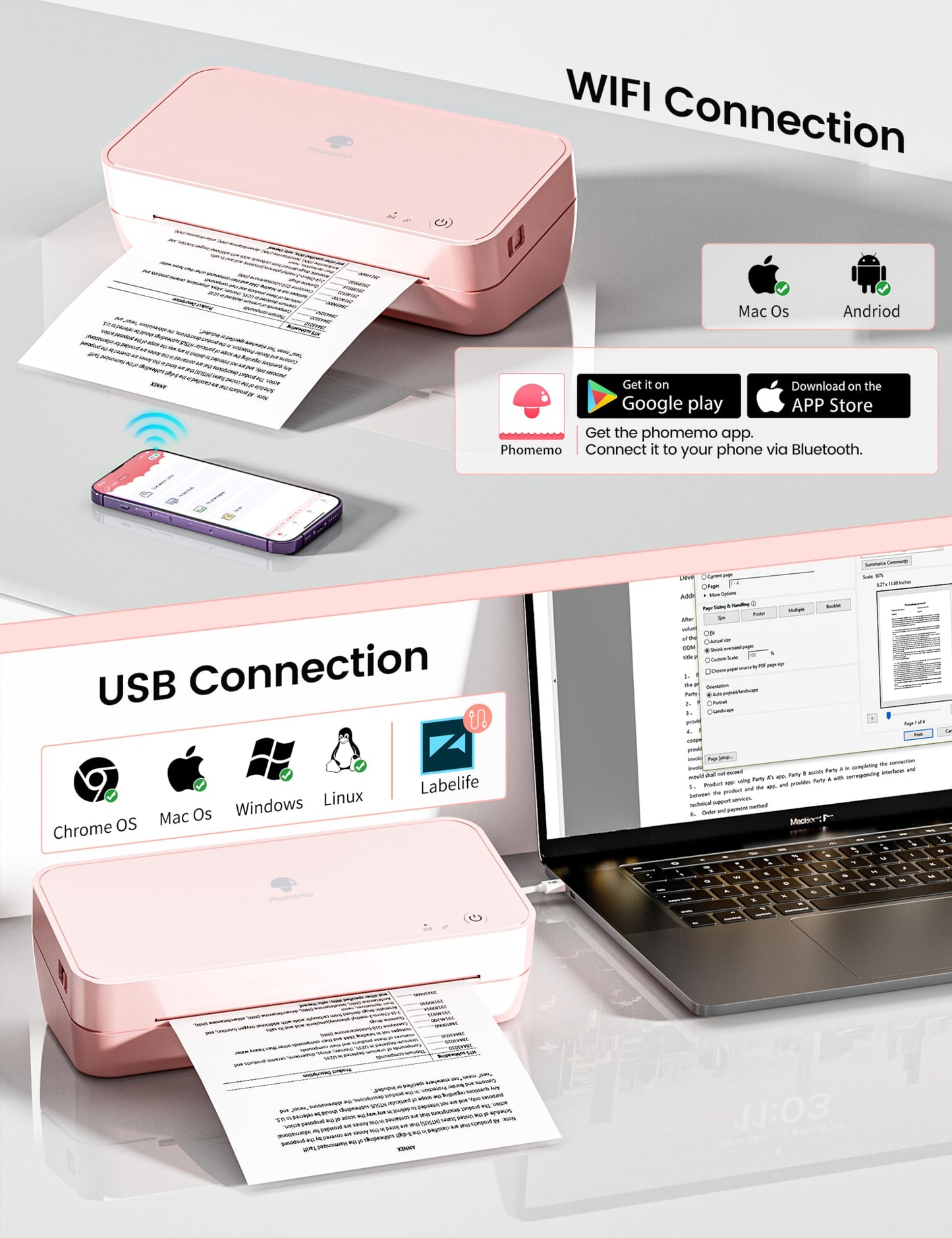 Phomemo S821 Pink Thermal Printer, Wireless Printer Supports US Letter/A4/A5/B5 Thermal Paper, Portable Inkless Printer Supports 2.4 GHz WiFi, Compatible with Phone & PC, 203dpi