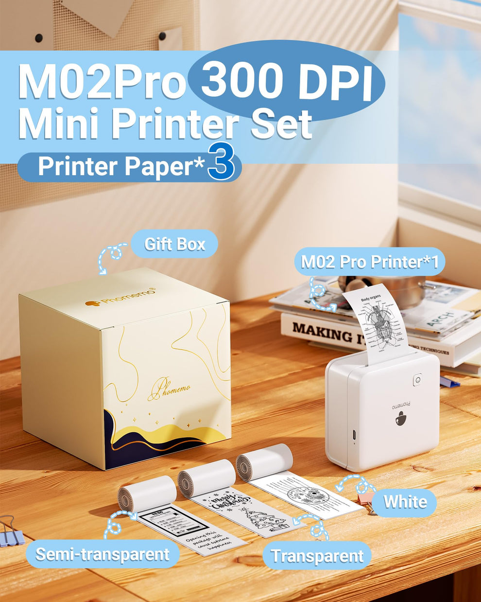 Phomemo M02 Pro Mini Impresora - 300DPI Impresora Portátil Termica Imp