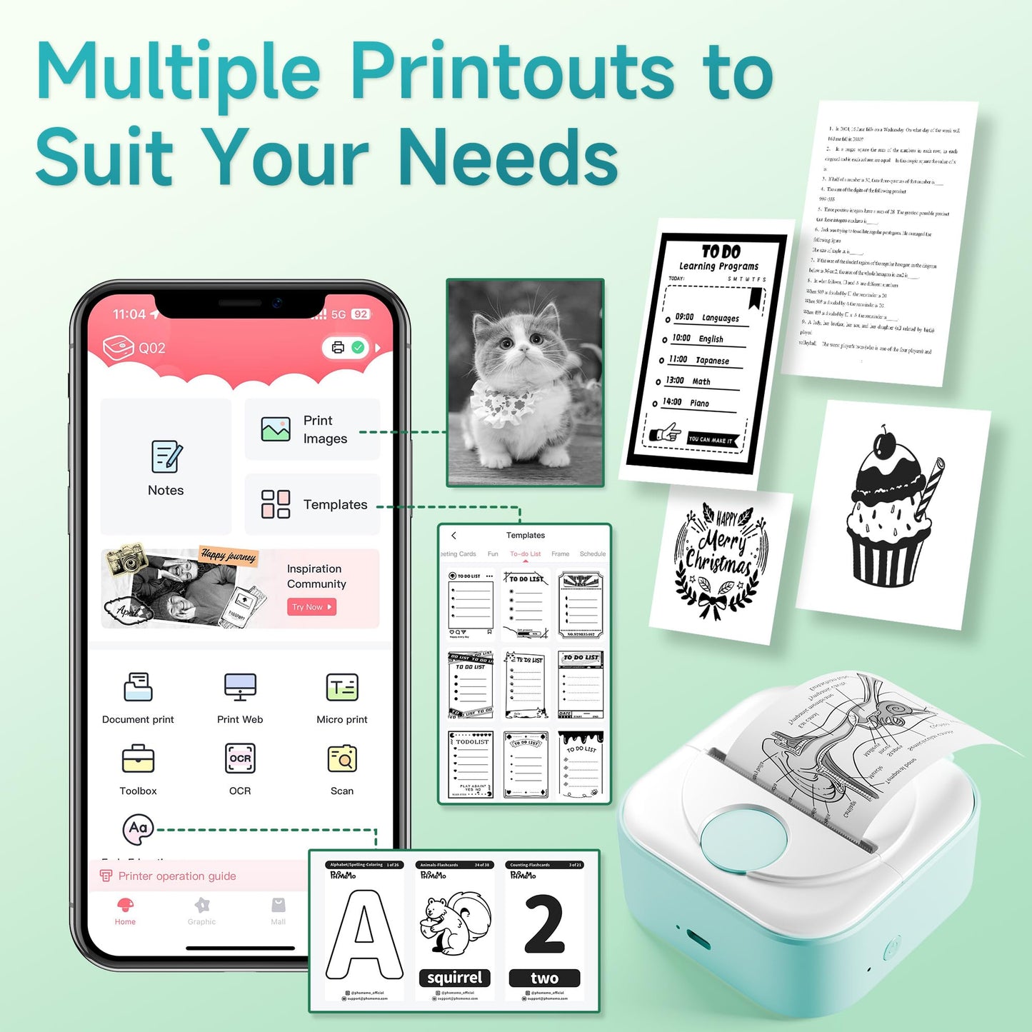 Phomemo Q02 Mini Sticker Printer ¡ª Bluetooth Thermal Printer, Sticker Maker Machine for DIY Stickers, Study Notes, Kids Gift, Compatible with Phone & iPad, Green