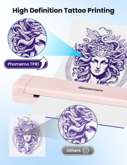 Phomemo Pink Tattoo Stencil Printer, TP81 Wireless Tattoo Printer Machine with 10 Pcs Tattoo Transfer Paper, Bluetooth Stencil Printer for Tattoo Artist/Beginner/Temporary Tattoo, 203 dpi
