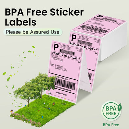 Phomemo 4X6'' Thermal Shipping Labels -Fan-Fold Labels-for Shipping Labels, Address, Mail, Product Logo Labels, 500pcs,Pink