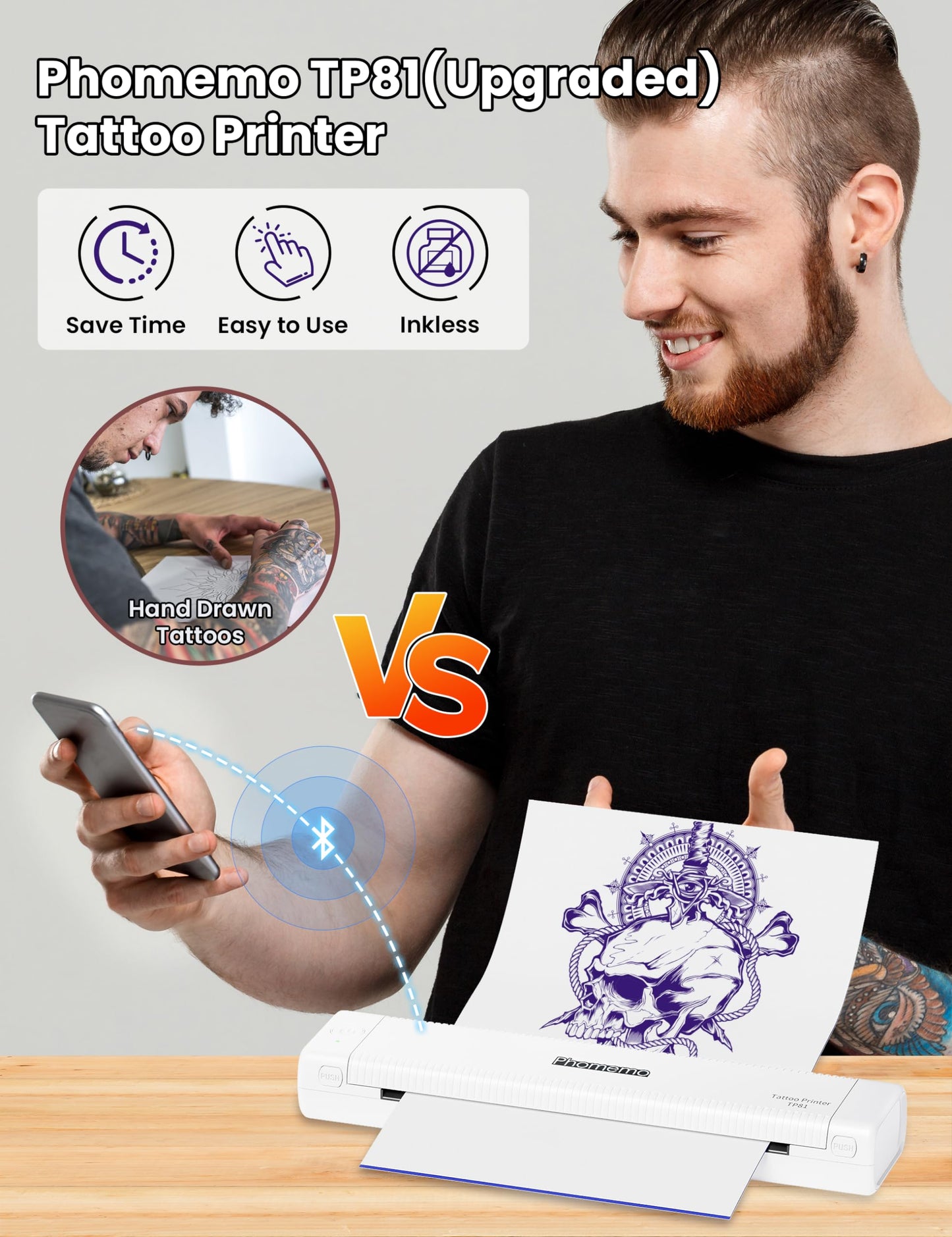 Phomemo TP81 Wireless Tattoo Stencil Printer, Tattoo Printer Machine with 10 Pcs Tattoo Transfer Paper, Bluetooth Stencil Printer for Tattooing, Suitable for Tattoo Artist/Beginner/Temporary Tattoo