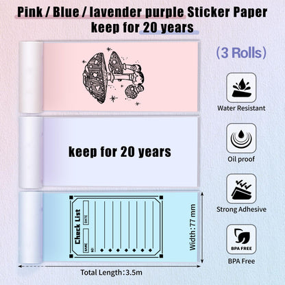Phomemo Adhesive Thermal Sticker Paper for M832/M03/M03AS/M04S/M04AS Printer, Black on Purpple/Pink/Blue, 3.03''(77mm) Width X 3.5m Length, 3 Rolls, Stored for 20 Years