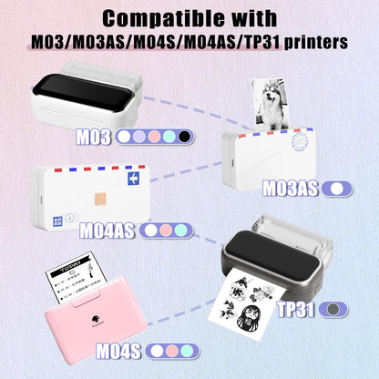 Phomemo Adhesive Thermal Sticker Paper for M832/M03/M03AS/M04S/M04AS Printer, Black on Purpple/Pink/Blue, 3.03''(77mm) Width X 3.5m Length, 3 Rolls, Stored for 20 Years