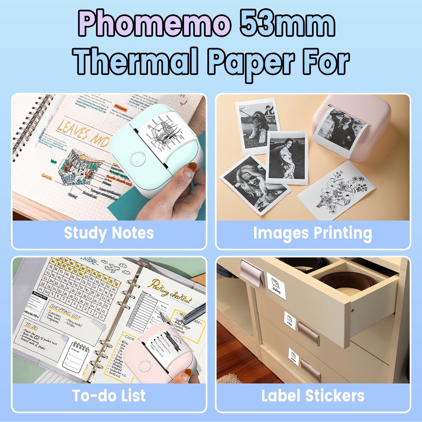 Phomemo 53mm Printer Paper for M02, M02S, M02Pro, M03, M03AS, M04S, M04AS Mini Pocket Printer, 3 Rolls of Self-Adhesive Thermal Sticker Paper, Black on White 53mm x 3.5m, 20 Years Preservation,3 Rolls