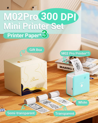 Phomemo Mini Drucker, M02 Pro Tiny Printer 300 DPI Mini Drucker für Smartphone,Taschendrucker Bluetooth Thermodrucker mit 3 Papierrollen, Aufkleberdrucker für Studiennotizen, Fotos, Etiketten