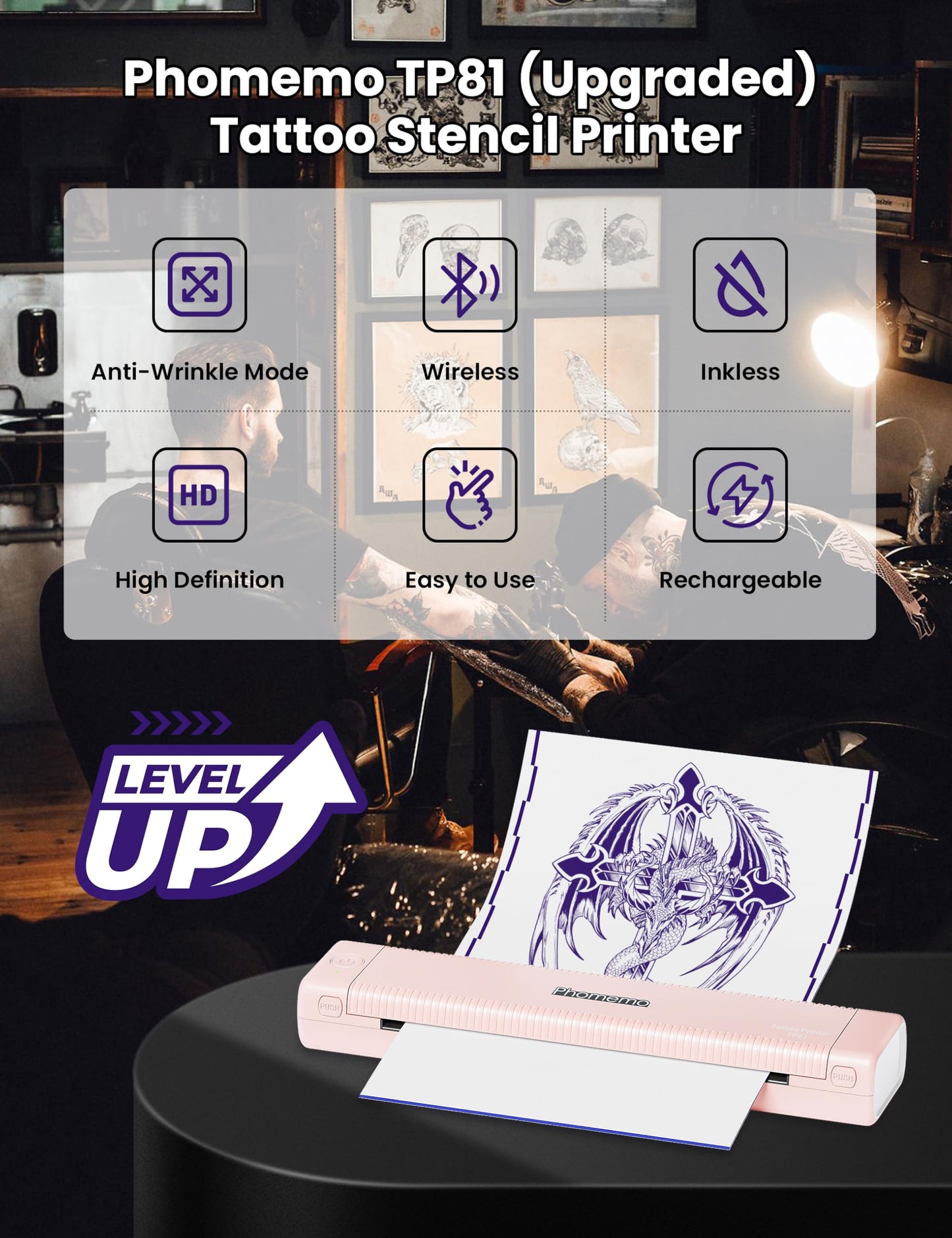 Phomemo Pink Tattoo Stencil Printer, TP81 Wireless Tattoo Printer Machine with 10 Pcs Tattoo Transfer Paper, Bluetooth Stencil Printer for Tattoo Artist/Beginner/Temporary Tattoo, 203 dpi