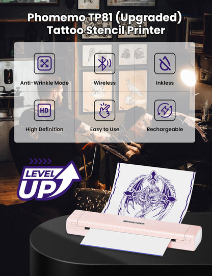 Phomemo Pink Tattoo Stencil Printer, TP81 Wireless Tattoo Printer Machine with 10 Pcs Tattoo Transfer Paper, Bluetooth Stencil Printer for Tattoo Artist/Beginner/Temporary Tattoo, 203 dpi