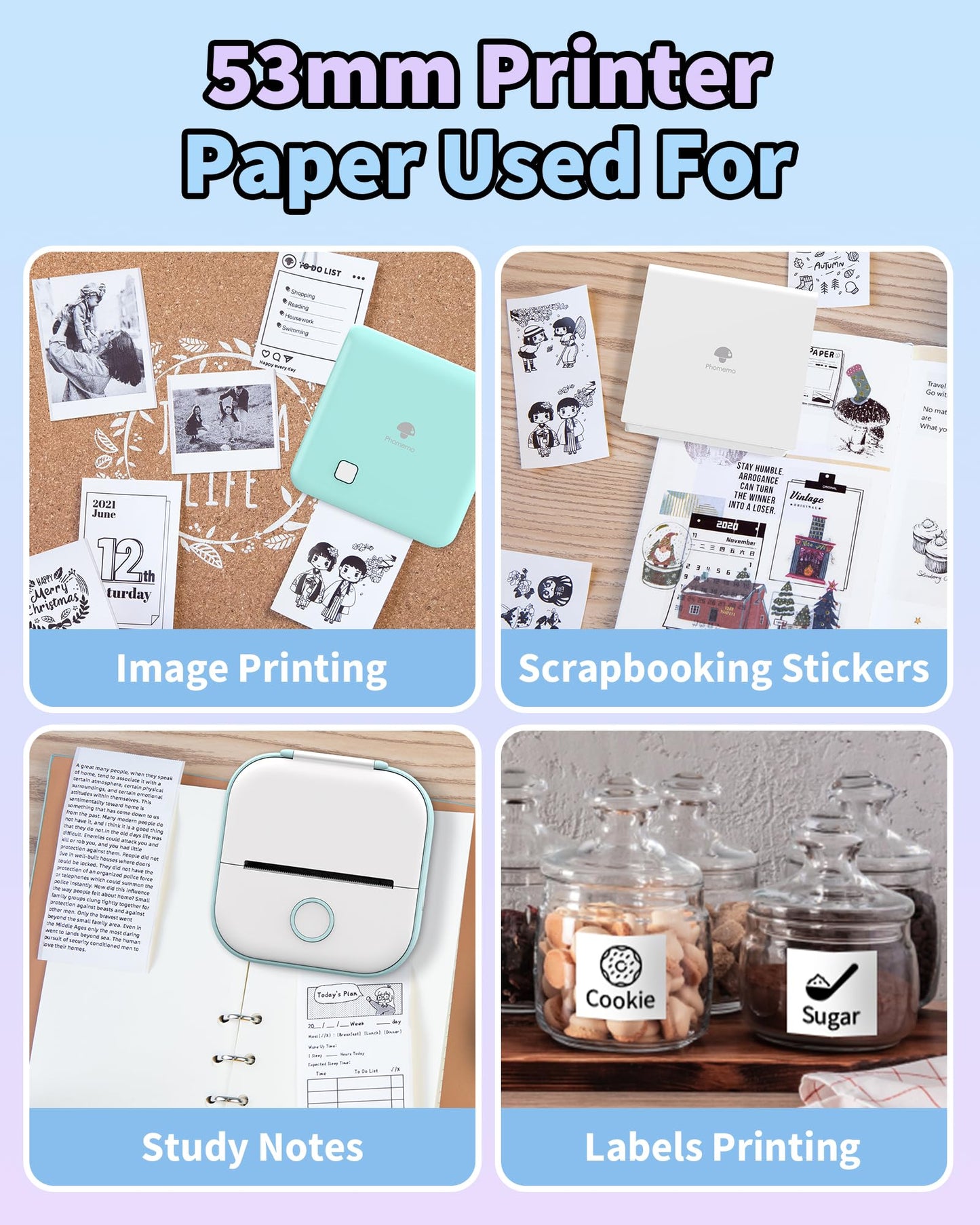 Phomemo White Paper for T02 M02 M02X M02S M02PRO M02L Mini Sticker Printer, Compatible with M03 M03AS M04S M04AS M832 M833 Portable Thermal Printer, 53mm x 3.5m, 3 Rolls