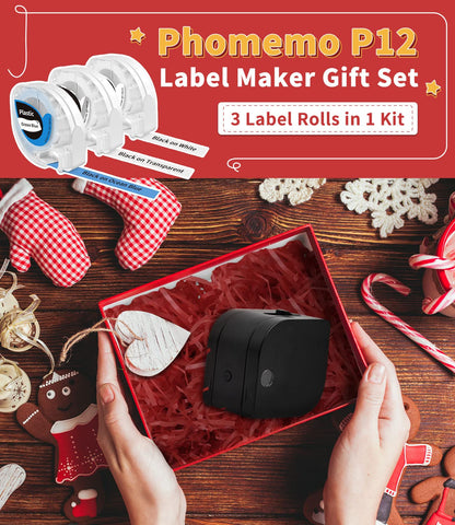 Phomemo P12 Beschriftungsgerät Set mit 3 Rollen verschiedenfarbiger Etiketten, Thermo Etikettiergerät Selbstklebend, Etikettendrucker Bluetooth für Zuhause, Büro, Labeldrucker für iOS & Android