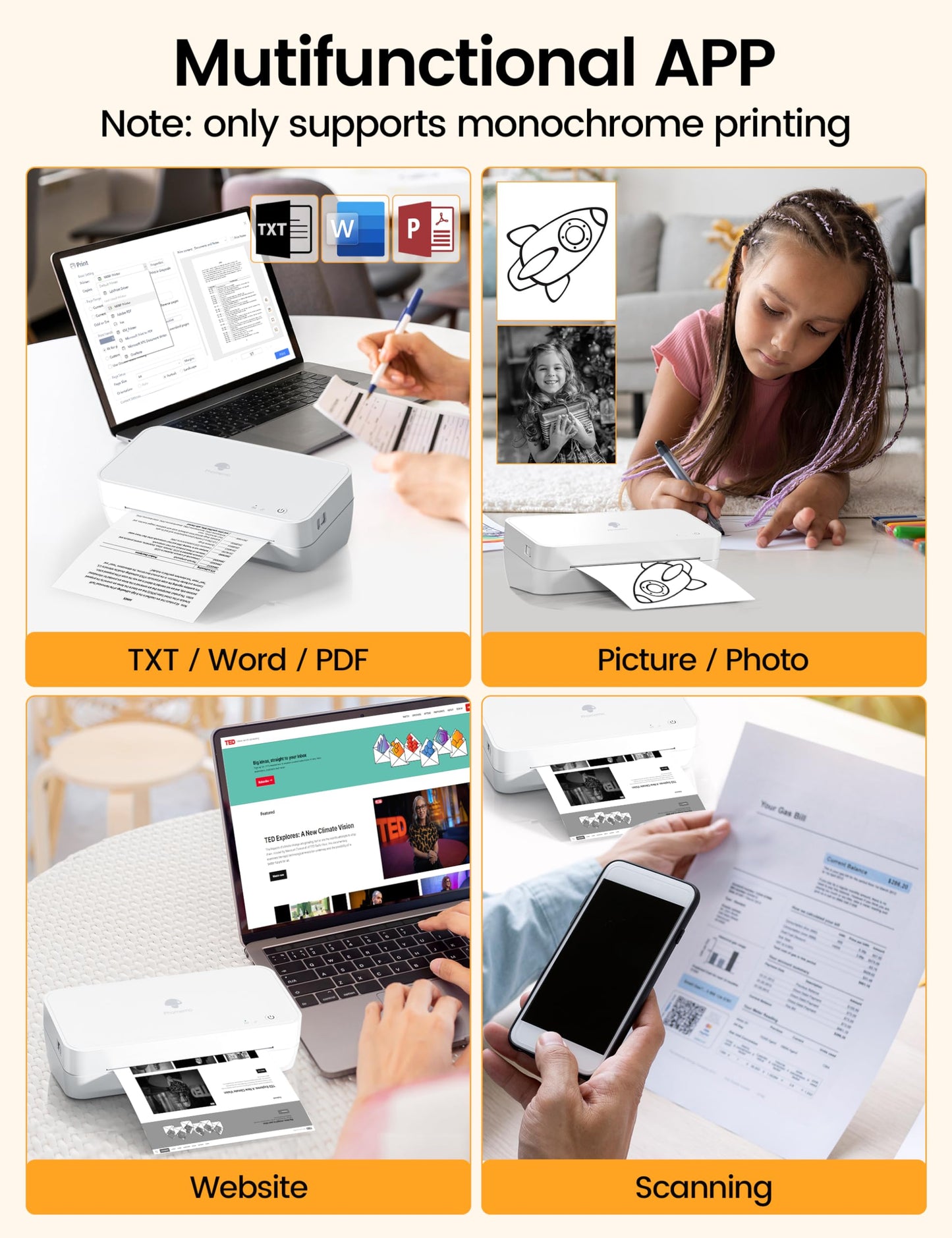 Phomemo S821 Thermal Printer, Inkless Printer Supports 8.5'' x 11'' US Letter & A4 Thermal Paper, Compact WiFi Printer Compatible with Android, iOS, Windows, Mac, 2.4 GHz, for Home Use, Office, School