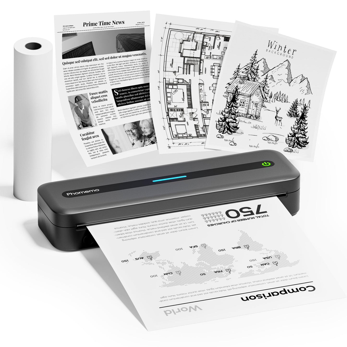 Phomemo Portable Printers Wireless for Travel, M832 Inkless Thermal Printer Support 8.5'' x 11'' US Letter & A4 Paper, Bluetooth Mobile Printer Compatible with iOS, Android Phone & Laptop, 300dpi