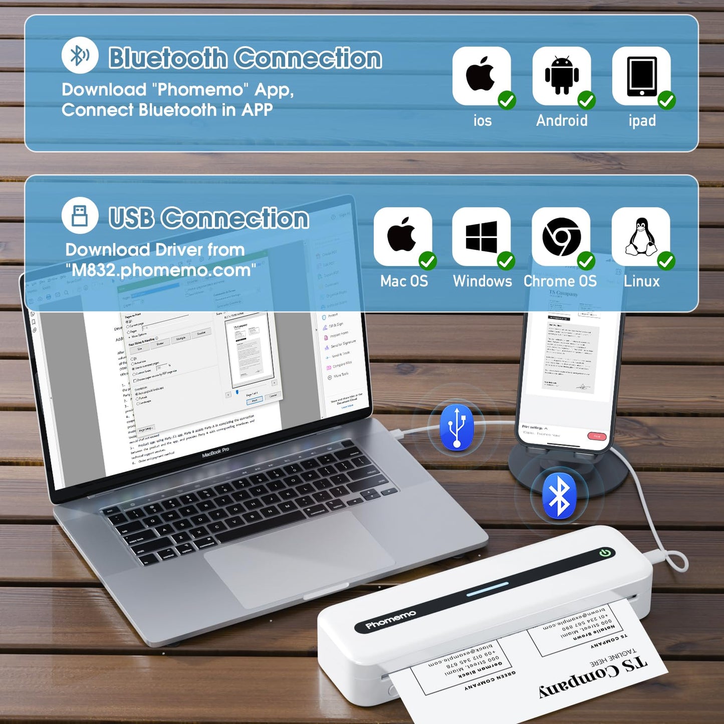 Phomemo Portable Thermal Printer, M832 Wireless Bluetooth Printer, Inkless Printer for Phone Laptop, Support 8.5'' X 11''/A4/2.08''/3.15''/4.33'' Thermal Paper, Small Travel Printer for Car Office Home