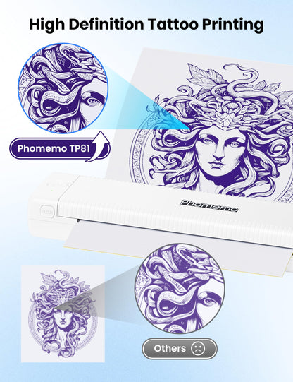 Phomemo TP81 Wireless Tattoo Stencil Printer, Tattoo Printer Machine with 10 Pcs Tattoo Transfer Paper, Bluetooth Stencil Printer for Tattooing, Suitable for Tattoo Artist/Beginner/Temporary Tattoo