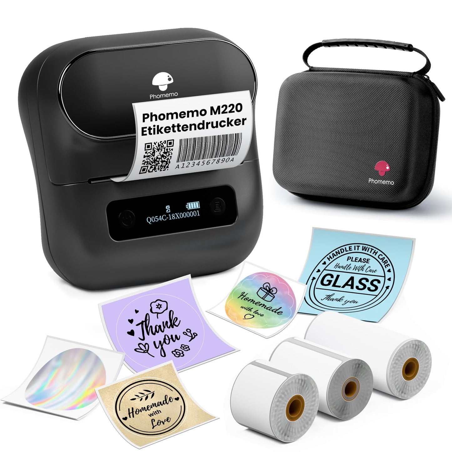 Phomemo M220 Impresora Térmica de Etiquetas,Etiquetas de Dirección Bluetooth para Códigos de Barras,Hogar y Oficina, Etiquetado Escolar,Etiquetadora para Android e iOS,3 Etiquetas y 1 Storage Box Case