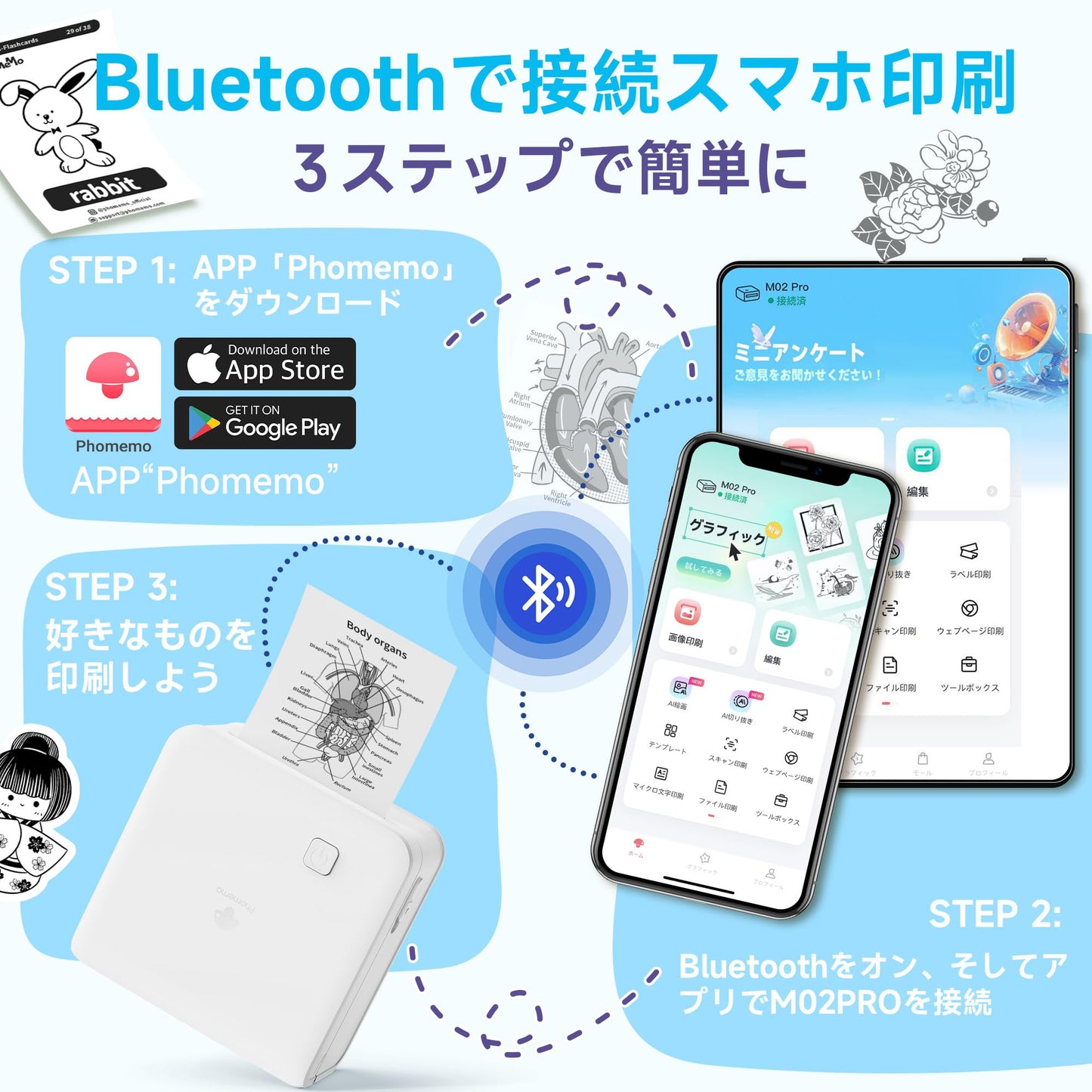 サーマルプリンター 300dpi Phomemo M02 Pro ミニプリンター スマホ対応モバイル ポータブル式 ミニフォトプリンター メモプリンター ステッカー プリンター ポケットプリンター 感熱 白黒 写真印刷 Bluetooth接続 勉強・手帳・オフィス・メモ・領収書・ラベル・ノート 学生向 在宅勤務 自宅学習 プレゼント 多国言語対応APP 日本語取扱説明書