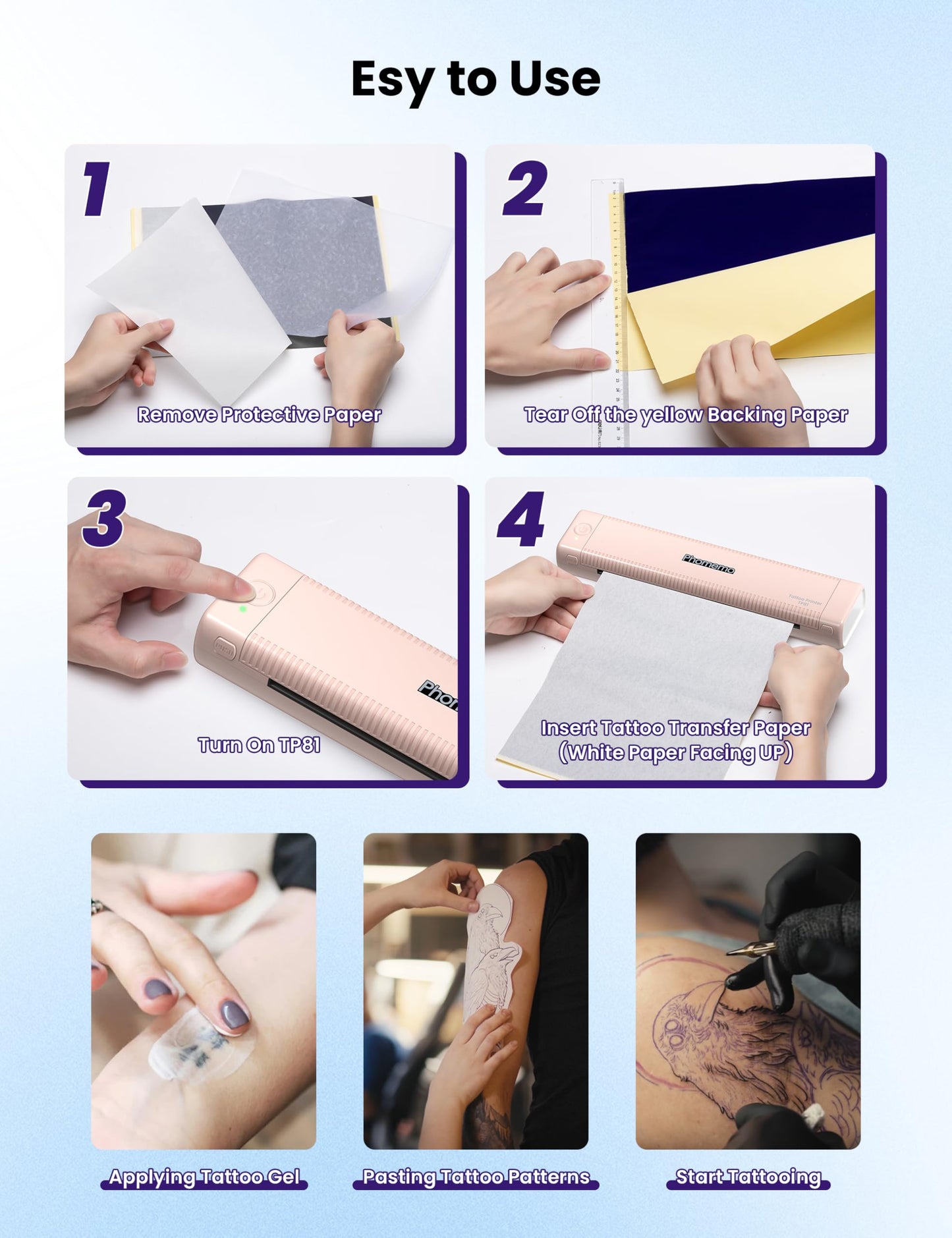 Phomemo Pink Tattoo Stencil Printer, TP81 Wireless Tattoo Printer Machine with 10 Pcs Tattoo Transfer Paper, Bluetooth Stencil Printer for Tattoo Artist/Beginner/Temporary Tattoo, 203 dpi