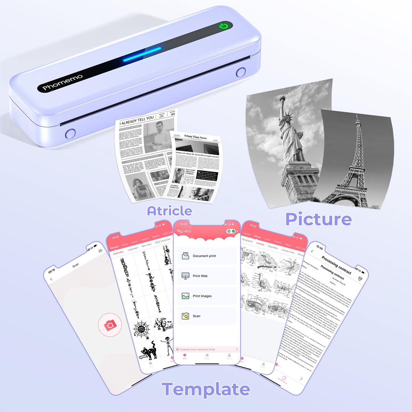 Phomemo Portable Printer Wireless for Travel, M832 Wireless Bluetooth Printer Support A4 & 8.5'' X 11'' US Letter, Inkless Thermal Printer Compatible with Phone & Laptop, for Business, Home, School