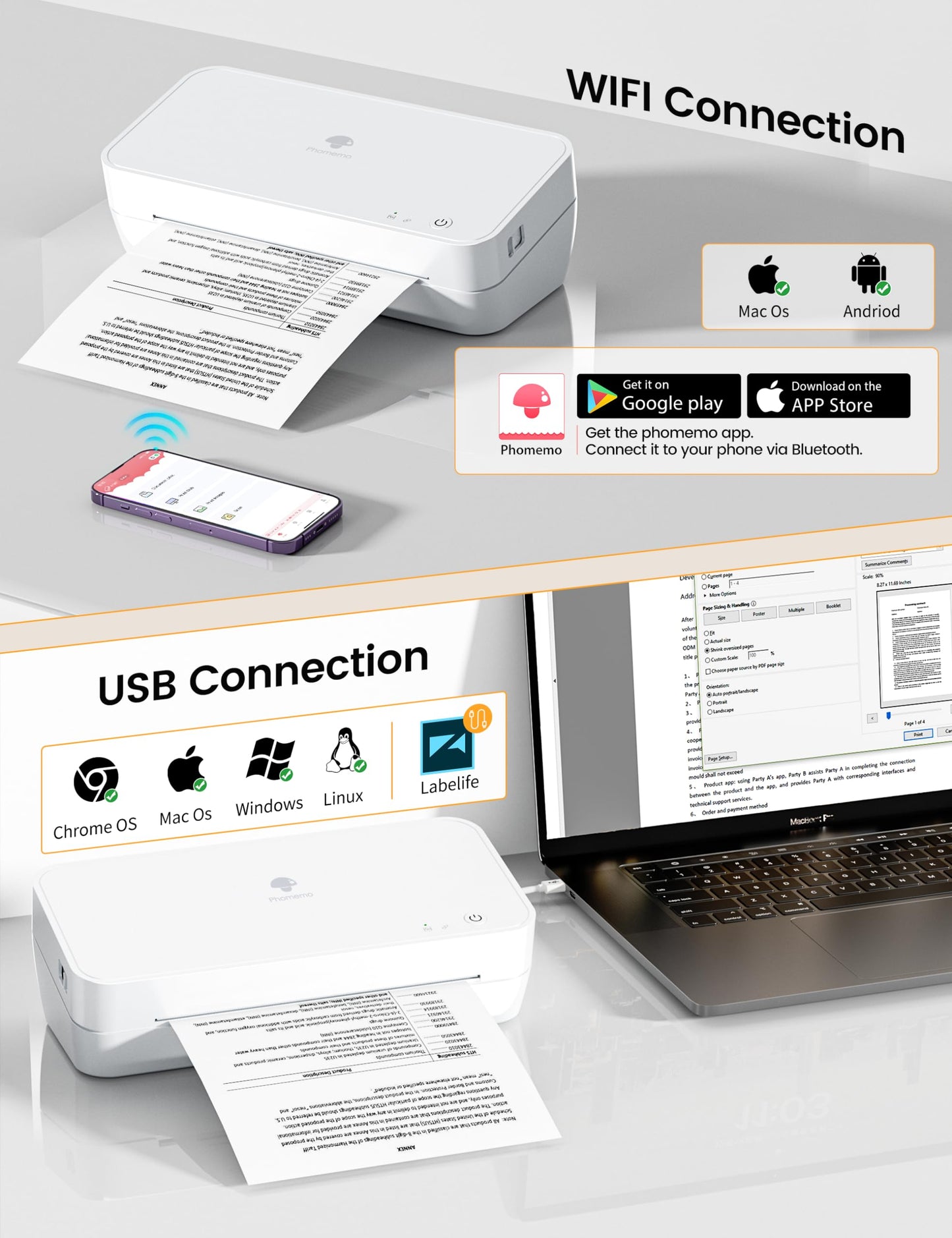 Phomemo S821 Thermal Printer, Inkless Printer Supports 8.5'' x 11'' US Letter & A4 Thermal Paper, Compact WiFi Printer Compatible with Android, iOS, Windows, Mac, 2.4 GHz, for Home Use, Office, School