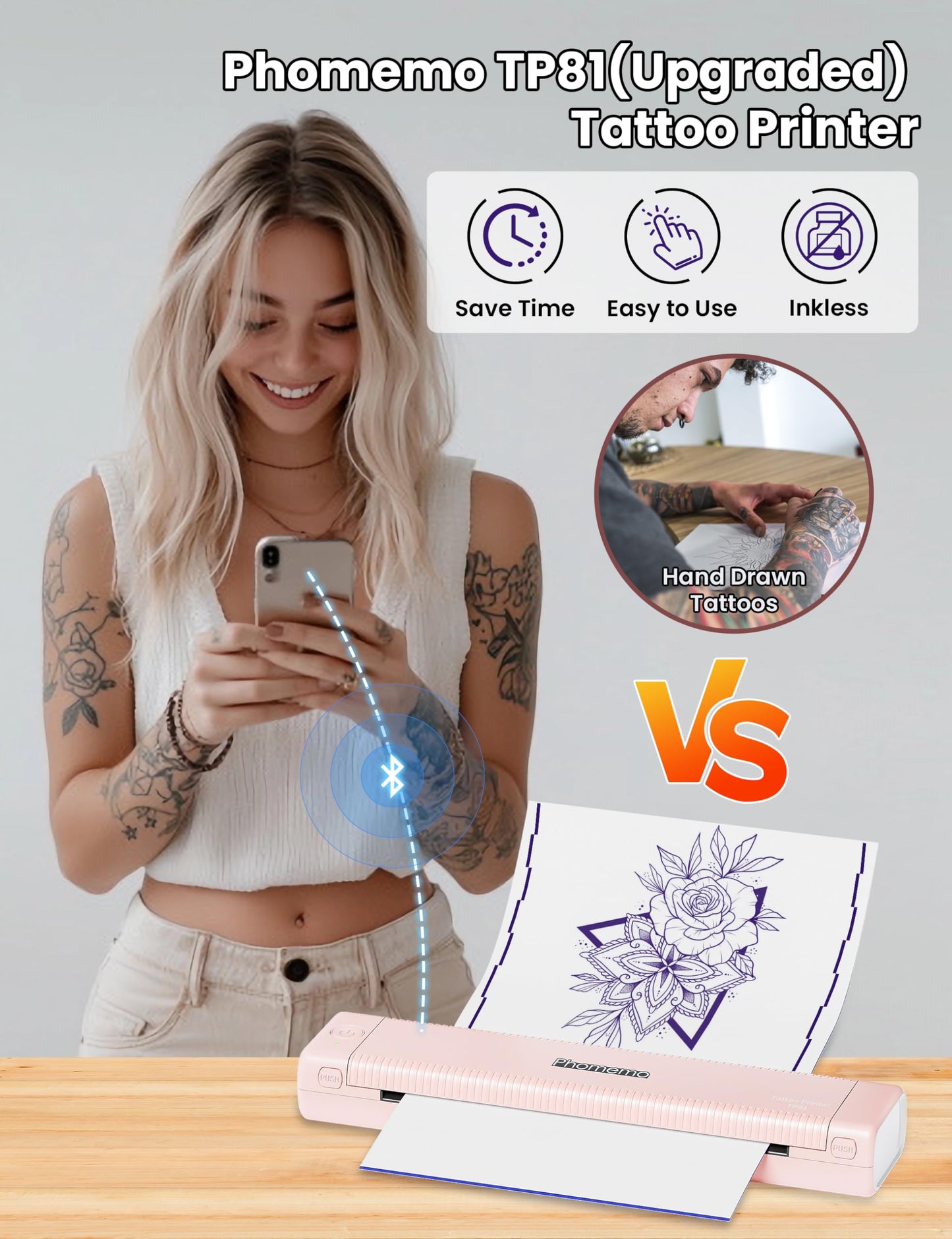 Phomemo Pink Tattoo Stencil Printer, TP81 Wireless Tattoo Printer Machine with 10 Pcs Tattoo Transfer Paper, Bluetooth Stencil Printer for Tattoo Artist/Beginner/Temporary Tattoo, 203 dpi
