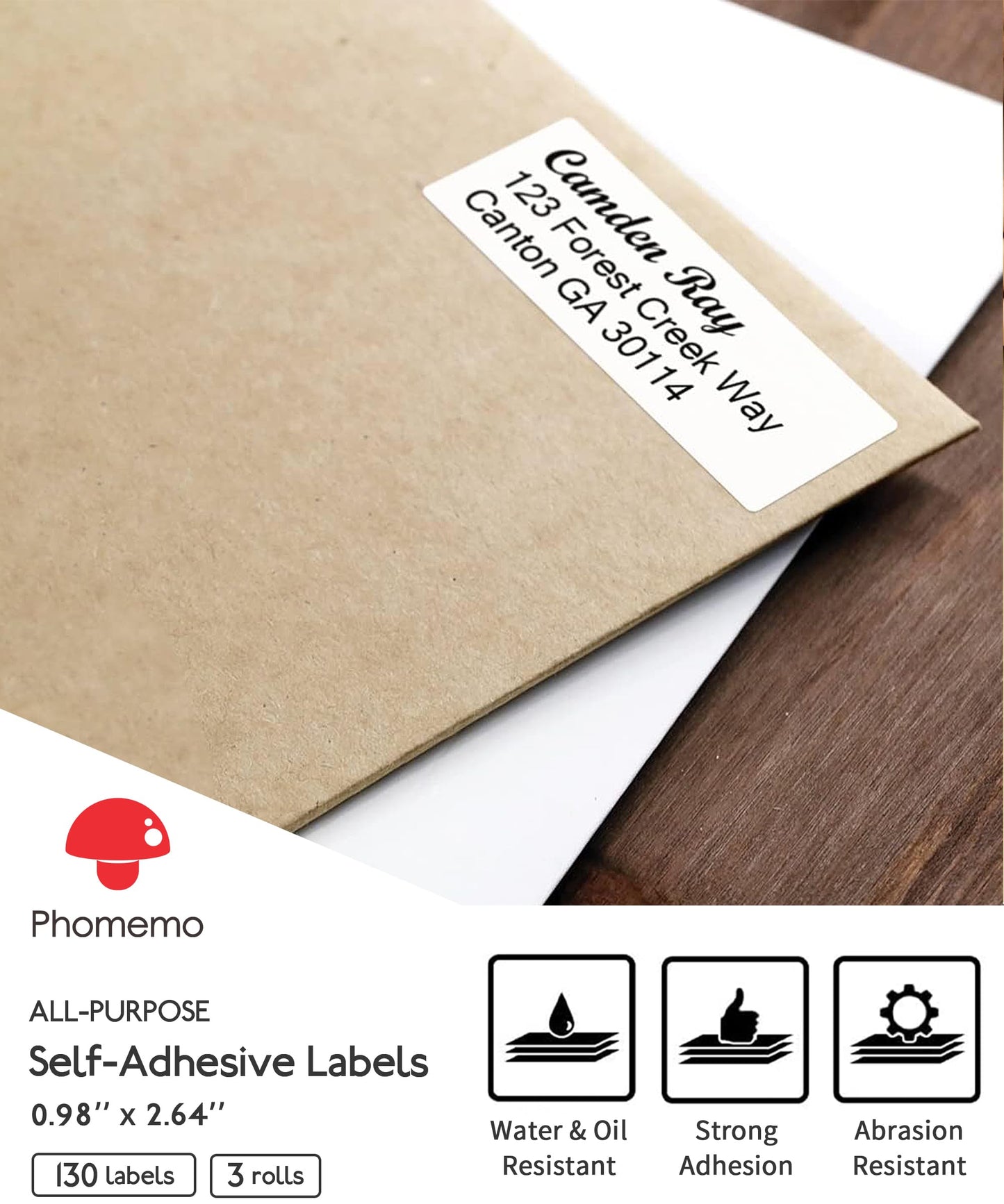 [3x130 pcs] Phomemo Address Labels, 0.98''x2.64'' (25x67mm) M110/ M220/ M221/ M120/ M200 Labels, White, 130 Labels/Roll, 3 Rolls, Multi-Purpose Adhesive Thermal Phomemo Original Labels