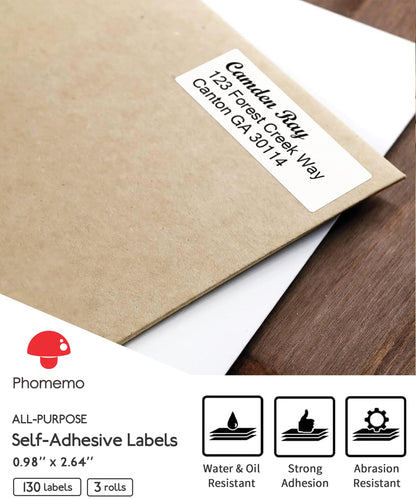 [3x130 pcs] Phomemo Address Labels, 0.98''x2.64'' (25x67mm) M110/ M220/ M221/ M120/ M200 Labels, White, 130 Labels/Roll, 3 Rolls, Multi-Purpose Adhesive Thermal Phomemo Original Labels