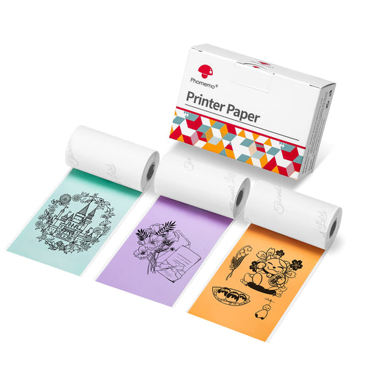 Phomemo 53mm Color Printer Paper for M02/M02S/M02Pro/M03/M03AS/M04S/M04AS Mini Pocket Printer, 3 Rolls of Self-Adhesive Thermal Color Sticker Paper, 53mm x 3.5m, 20 Years, Purple/Green/Orange