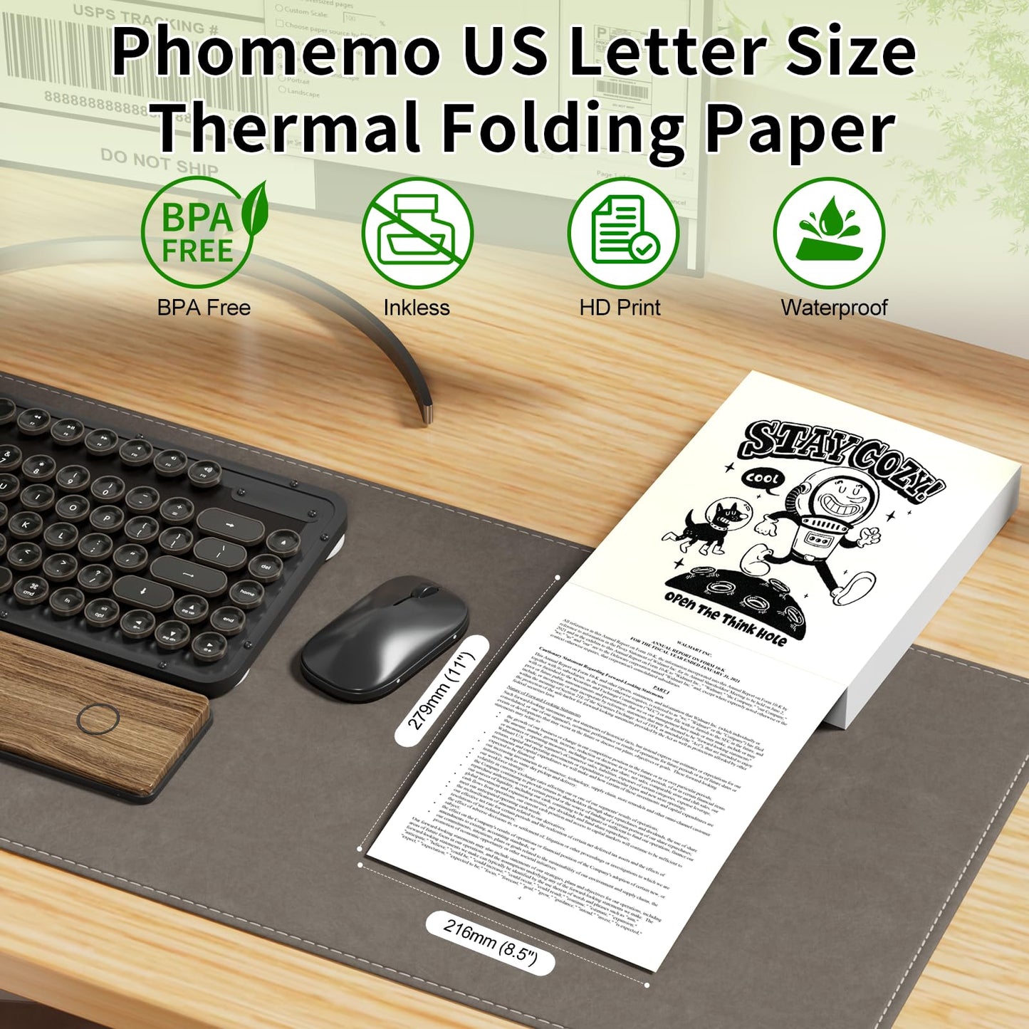 Phomemo Papier pliable continu Format lettre US, 216 mm x 279 mm (8,5'' x 10,98''), compatible avec l'imprimante portable A4 P831/M832/M833/M834, pour entreprise, photo, factures, contrats, 200 feuille