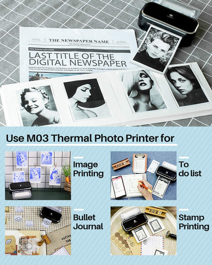 Phomemo M03 Mini Printer,3 inches Portable Thermal Printer Bluetooth Sticker Printer 53/80mm Printing Width,Compatible with iOS & Android,Ideal, Study Notes,Images,Scrapbooking-Black